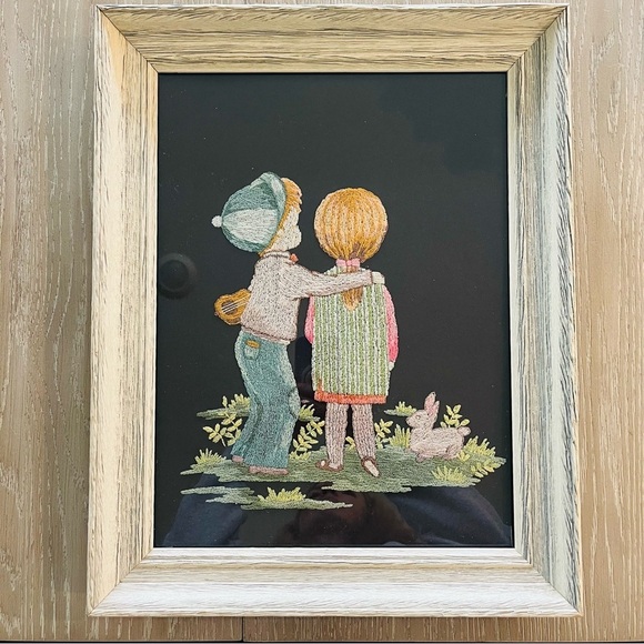 Other - Framed Vintage Embroidery 1976- Little Boy and Girl 15” X 19”